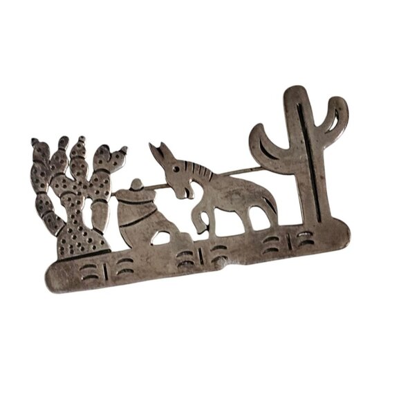Vintage Mexican Sterling Silver 925 Southwest Cactus & Donkey Brooch By SW TB-44 - Picture 9 of 11